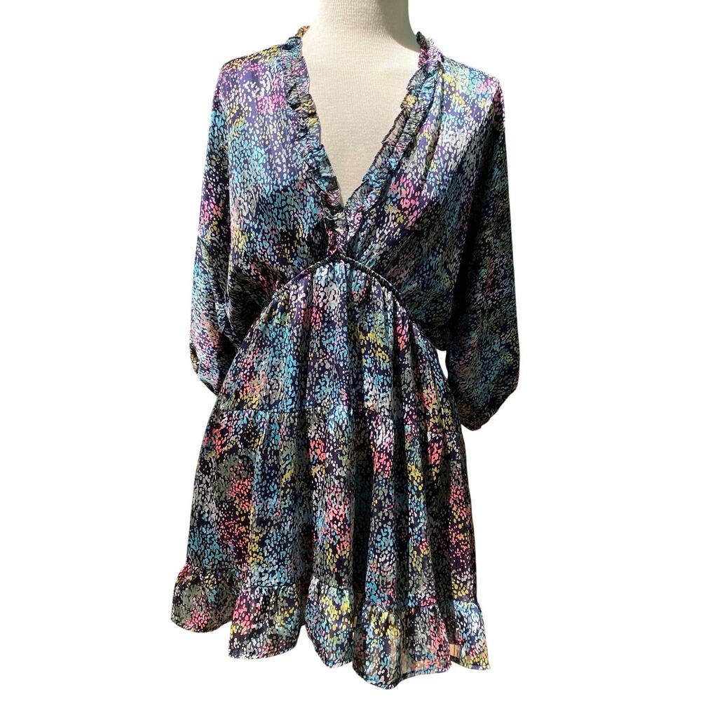 VICI Women's Mini Dress Size L Romantic Floral Ruffle Slimming Deep V